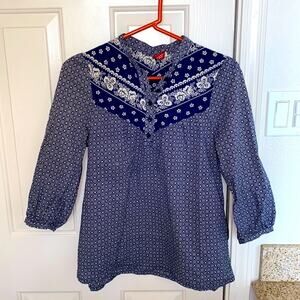 H&M 3/4 Sleeve Western/Indian Print Top EUC Sz 8 Cotton Blue White Floral